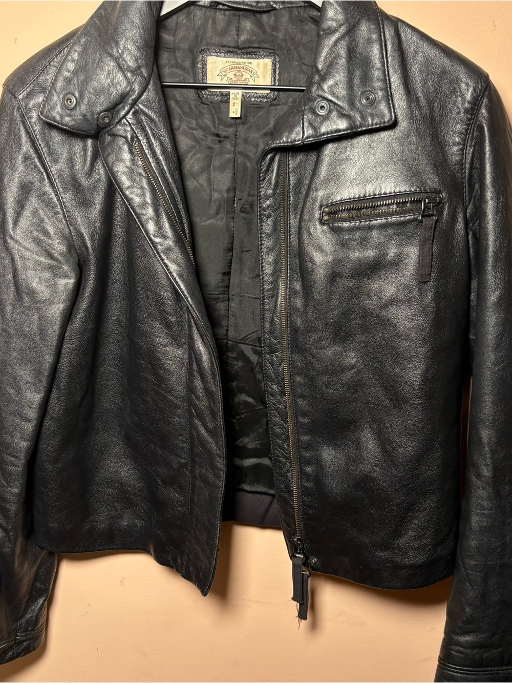 Vintage Armani Jeans Black Leather Moto Jacket Made in Italy I 38 US 4 - Picture 6 of 10